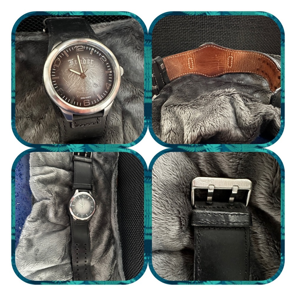 Fender mens watch. Rock the night away big leather band, engraved eagle face.